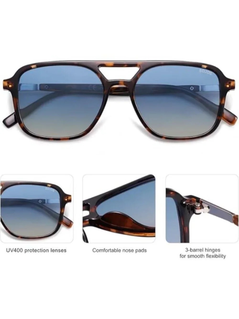 SOJOS Women Aviator Sunglasses Rectangle Sun Glasses Tortoise Frame Blue Lens